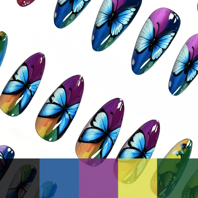 48Pcs-Y2K Vibrant Multicolor Stripe Bright Butterfly Art Oval Press on Nails