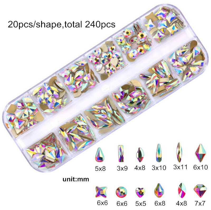 12Grid/Box 3D Nail Art Rhinestones Mix Size Flatback Glitter Diamonds Tips Decor