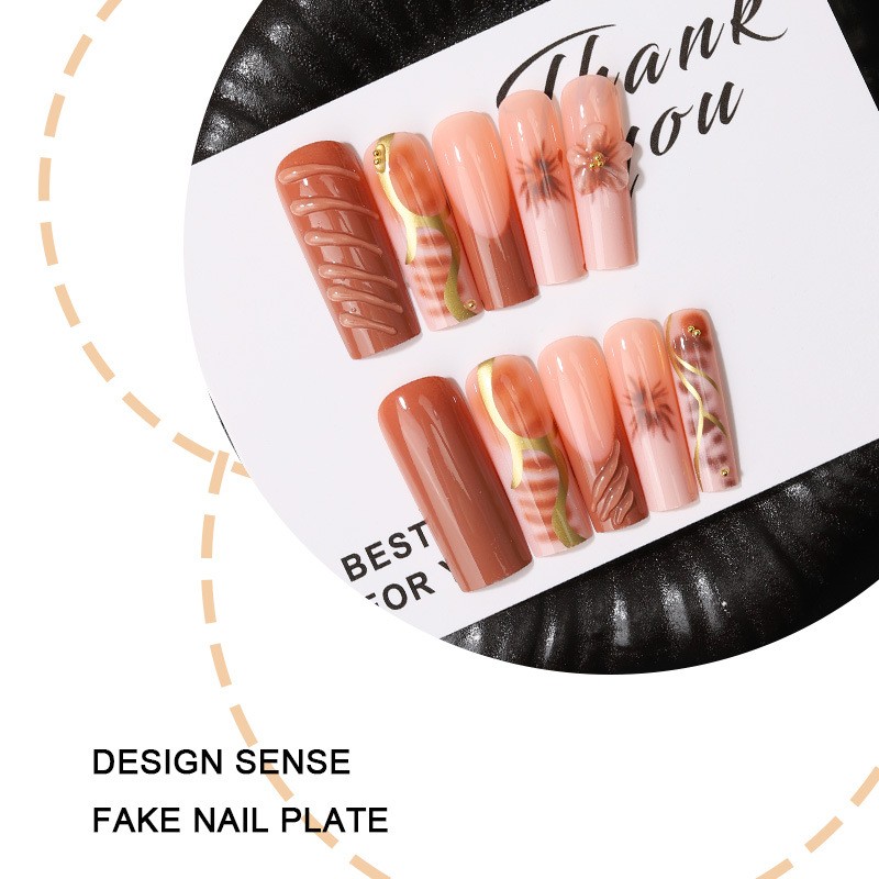 48 Pcs Gold Line Floral Coffin Press on Nails, Elegant Autumn Trendy Fake Nails