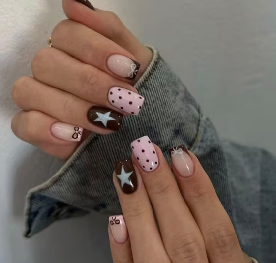 24 Pcs Press-On Nails Medium Square Glossy Dark Brown & Pink Dots, Stars, Bows
