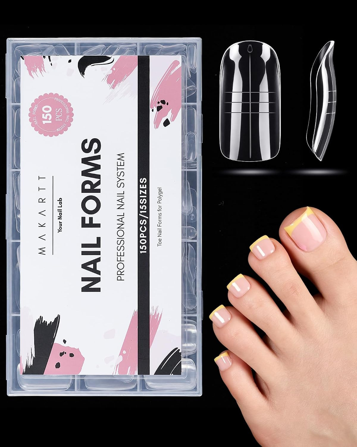 Toe Dual Forms for Poly Nail Gel, 150PCS 15 Sizes Toenail Forms Molds with Lengt