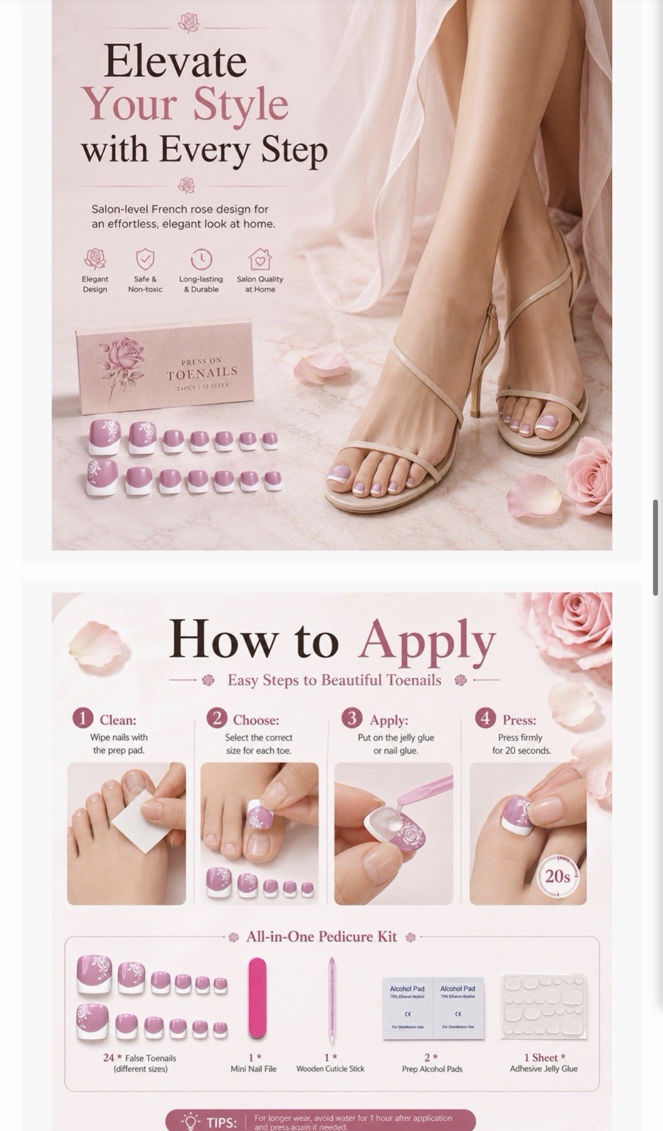YWCYSP 24pcs Acrylic Press-On Toenails French Rose Pink/White Short Square DSLY