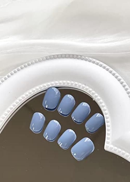 Square Blue Fake Nails – Full Cover with Glossy Gray-Blue Glossy