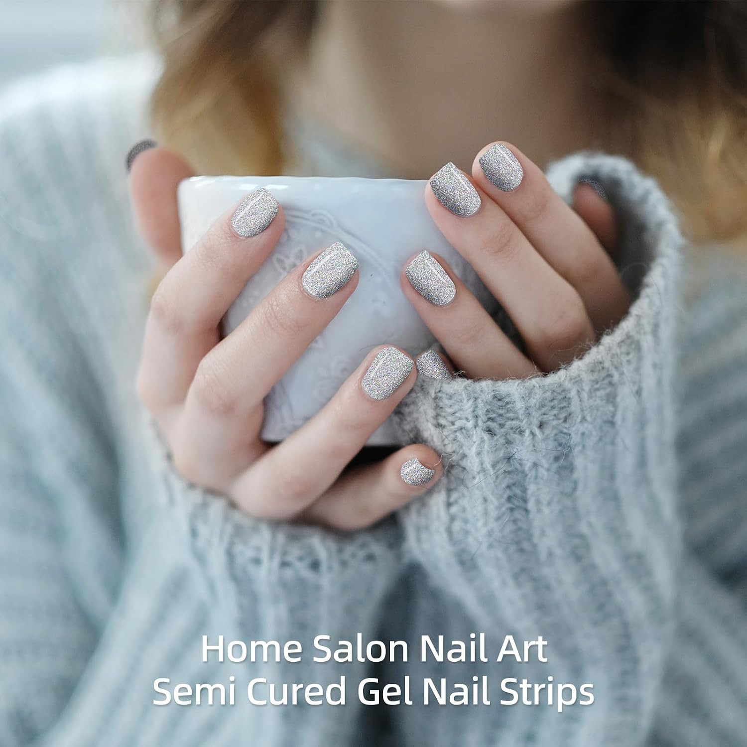 28Pcs Semi Cured Gel Nail Strips (Sliver Glitter), Gel Nail Stickers Work with A