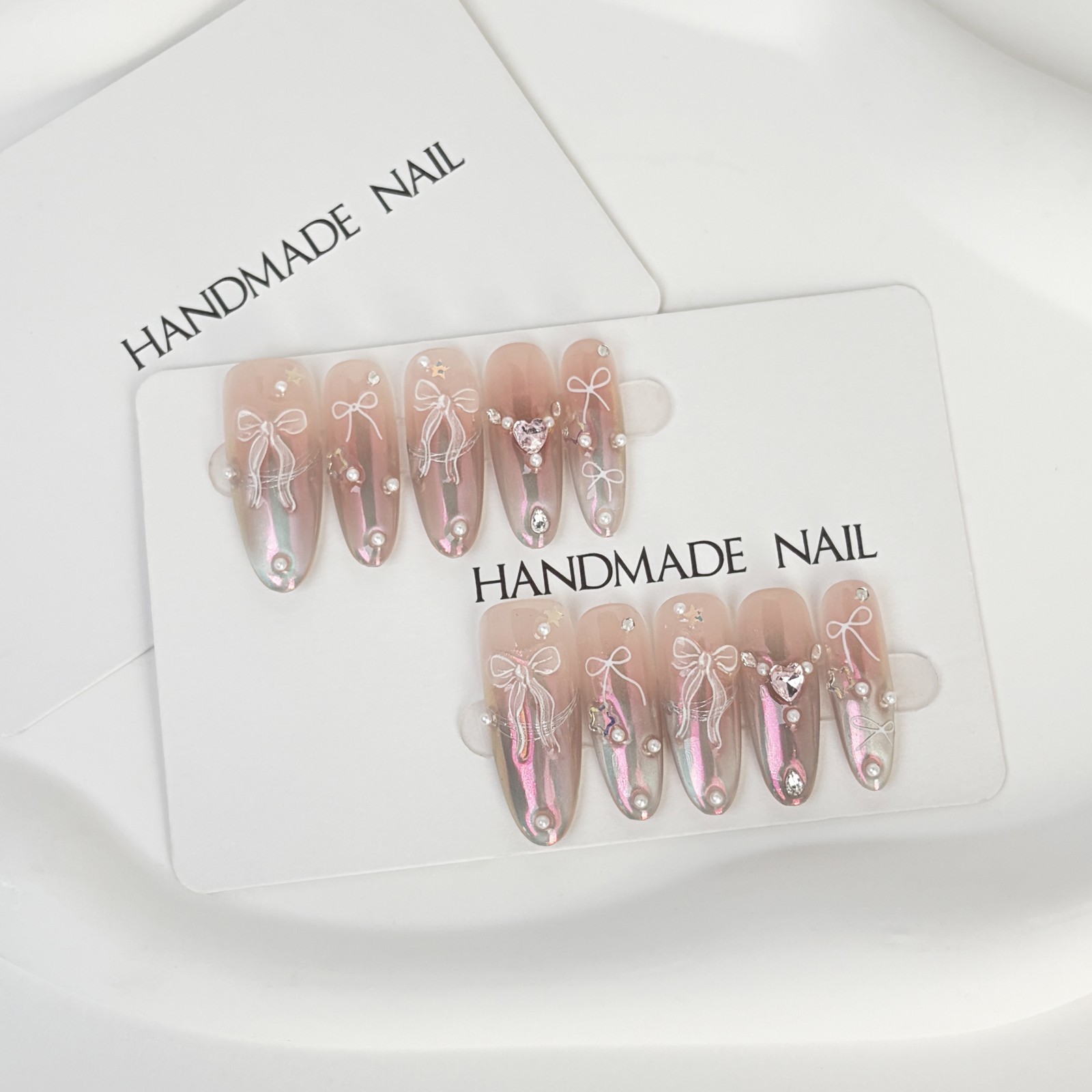 Pink Aurora Bow Press On Nails Almond Pearl Rhinestone Reusable Glue On Set