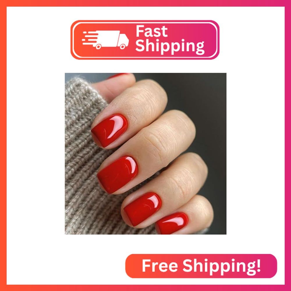 Red Press On Short Square Fake Nails – Classic Glossy Handmade Gel False Nails –