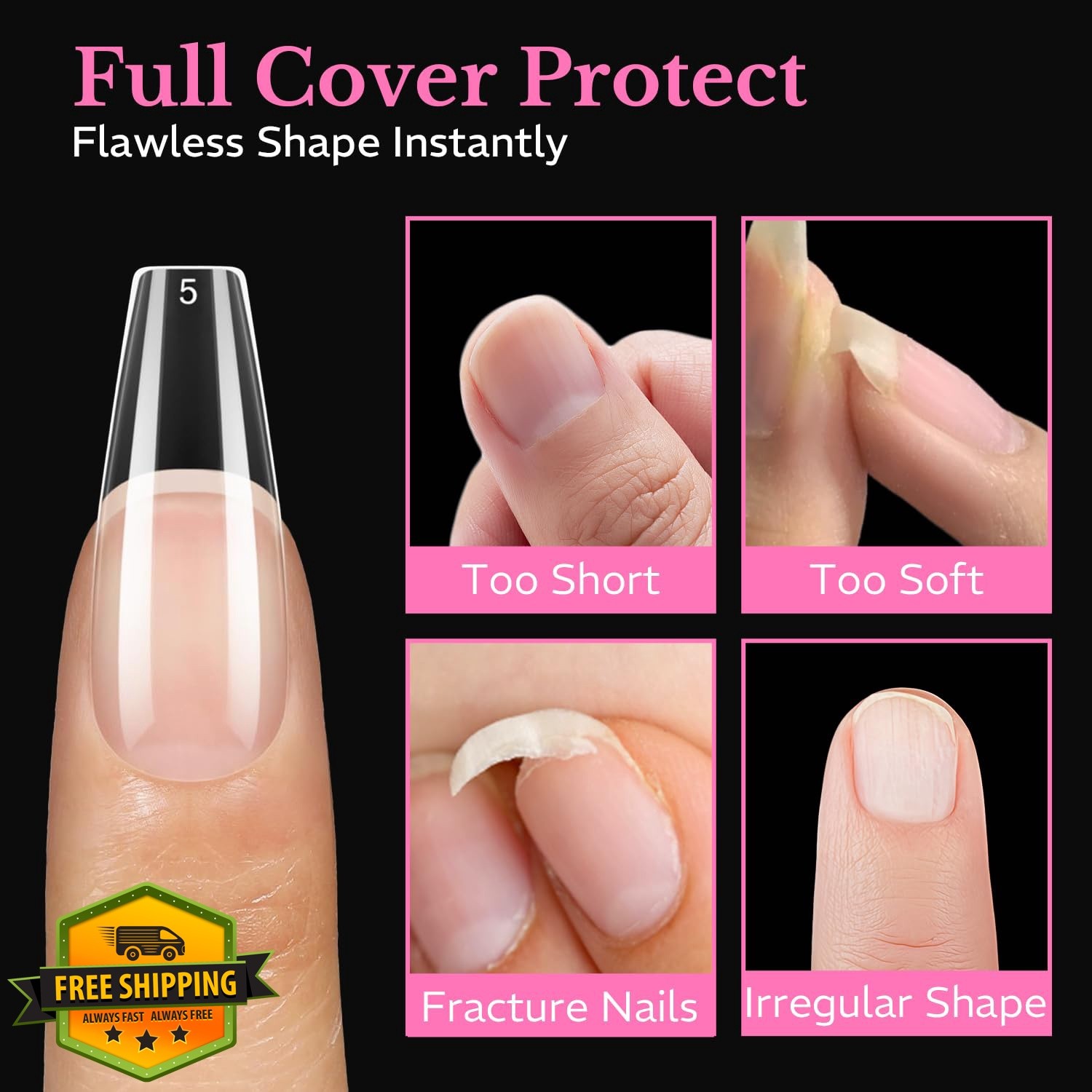 AZUREBEAUTY Long Coffin Soft Gel Nail Tips 600pcs 15 Sizes Clear