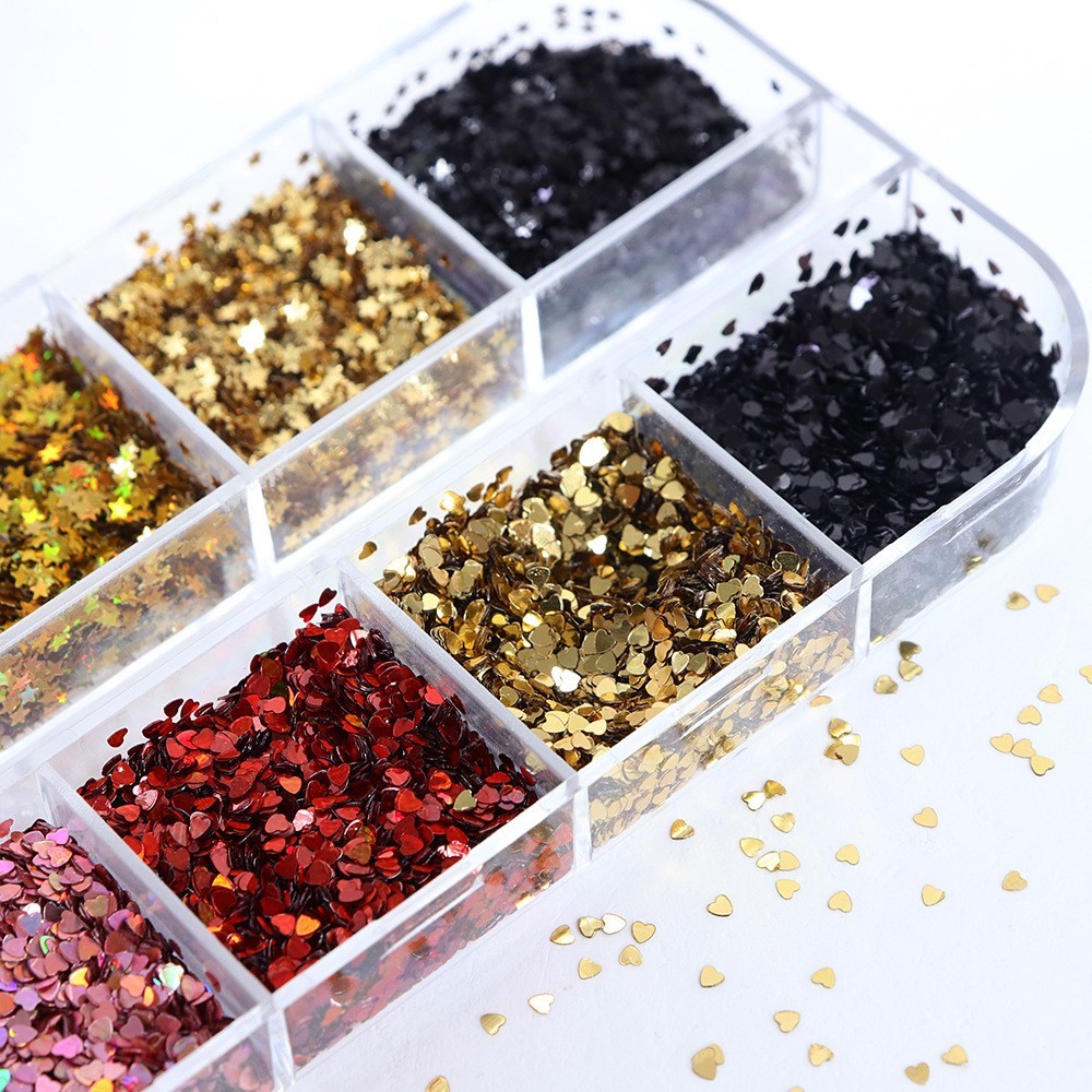 12 Grids Nail Art Sequins 1 mm Glitter Flakes Nails ~ Star Love Heart Shape