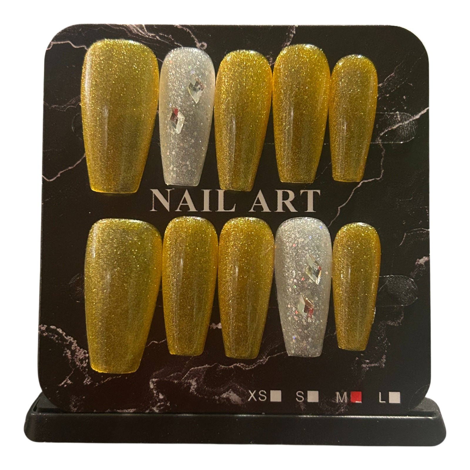 Gold and Silver Long Coffin Press On Nails – Size Medium
