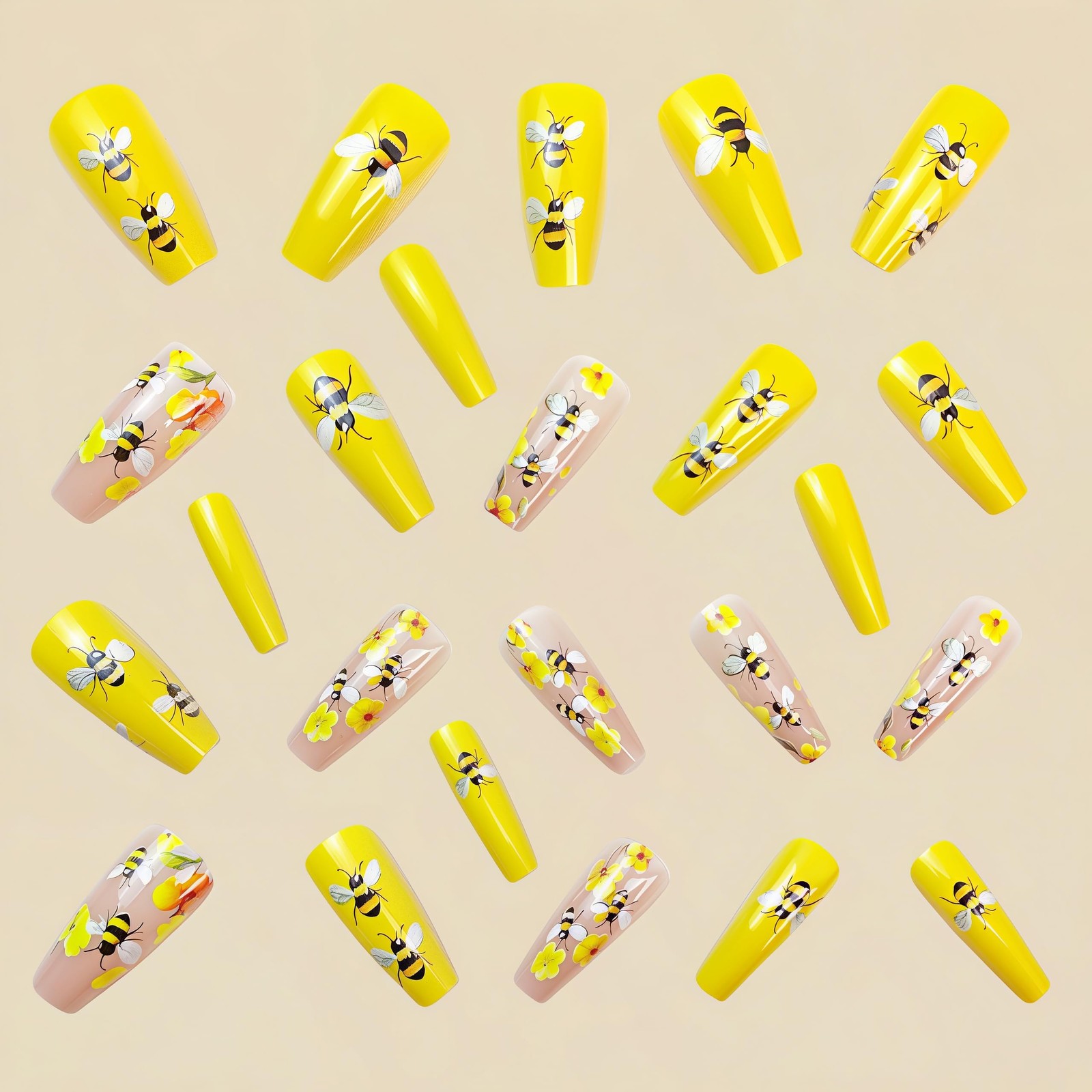 Spring Bee Press on Nails Medium Ballet Fake Nails Yellow Daisy False Nail De…