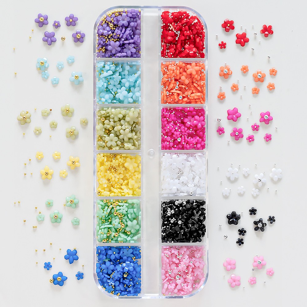 12/15Grids Acrylic Flower Nail Charms Mix Colors Set 3D Flower Nail Art Rhinesto