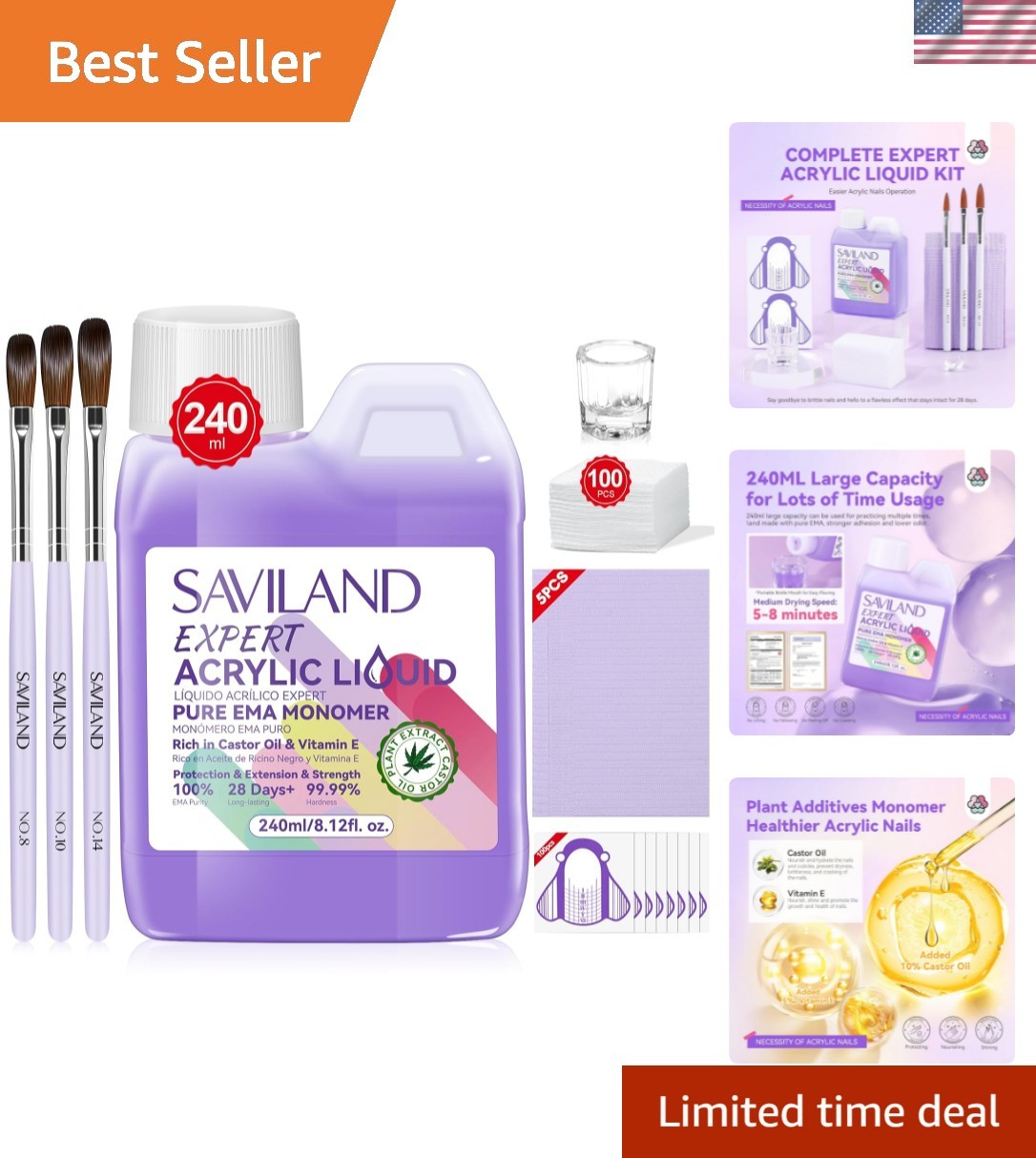 Professional 8OZ Acrylic Monomer Kit: Brushes, Dappen Dish & Nail Forms Included