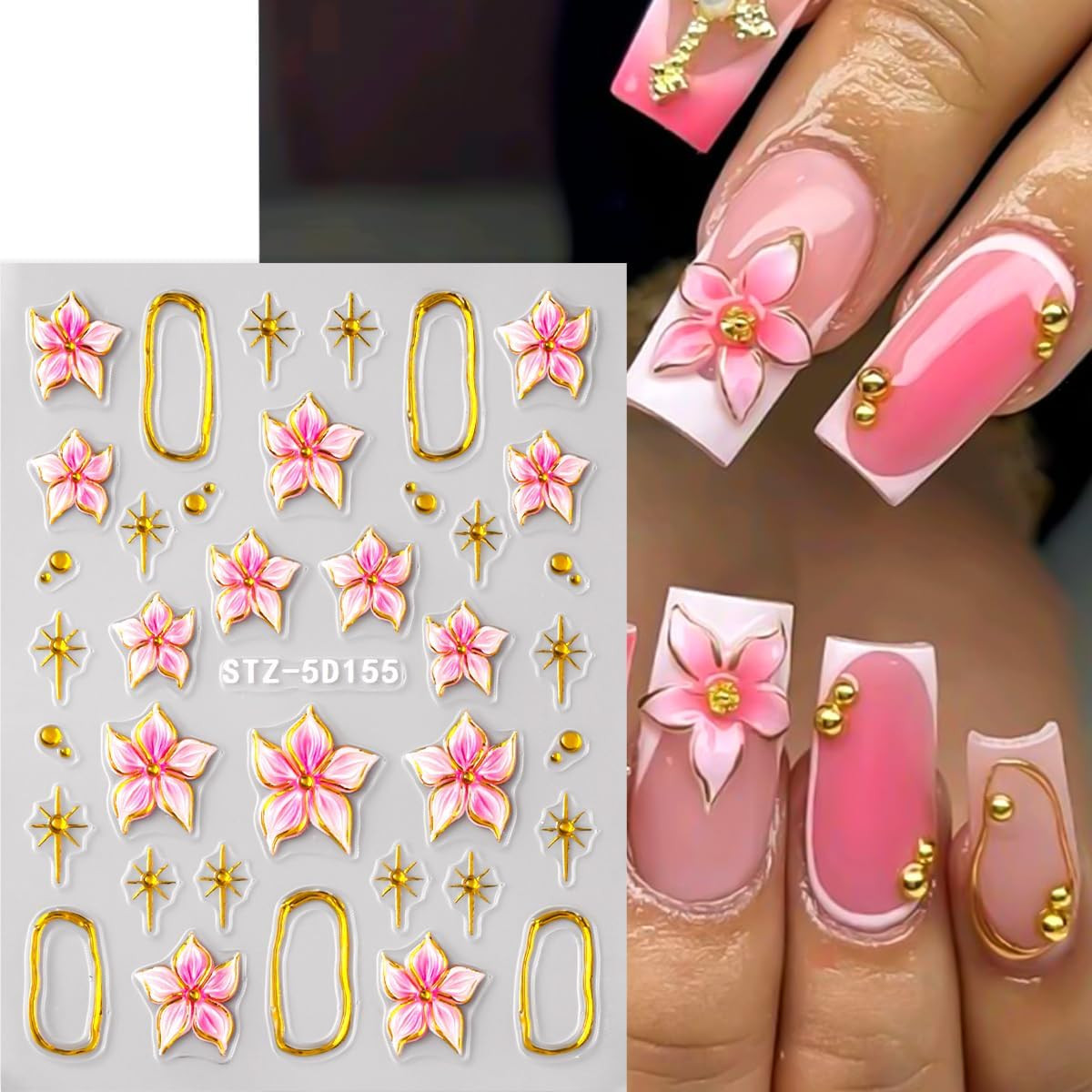 Flower Nail Art Stickers Decals,3 Sheets 5D Embossed Self Adhesive Stickers | Pi