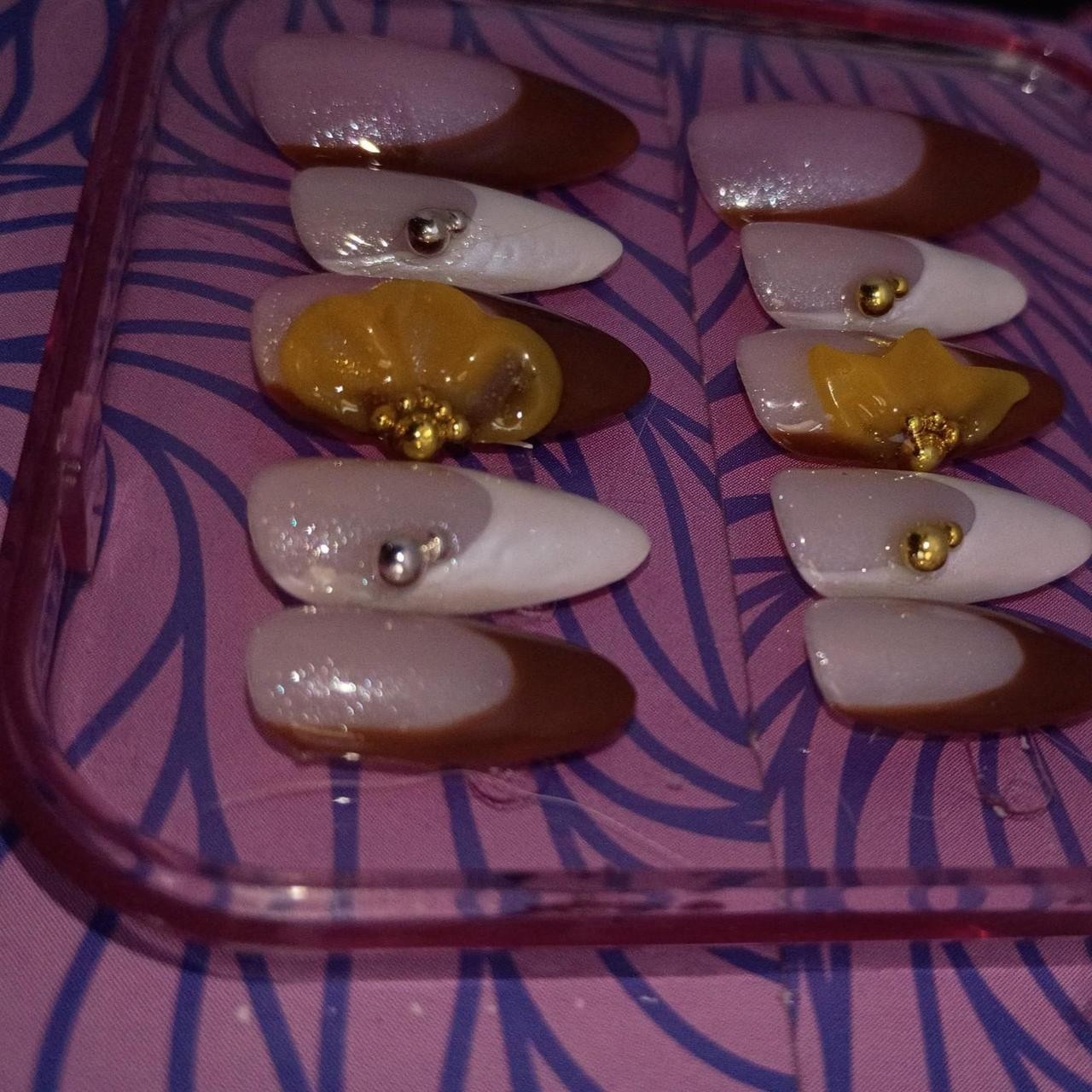 Presson Acrylic Nails With Frenchtips, 3D flowers, and gold/silver accents
