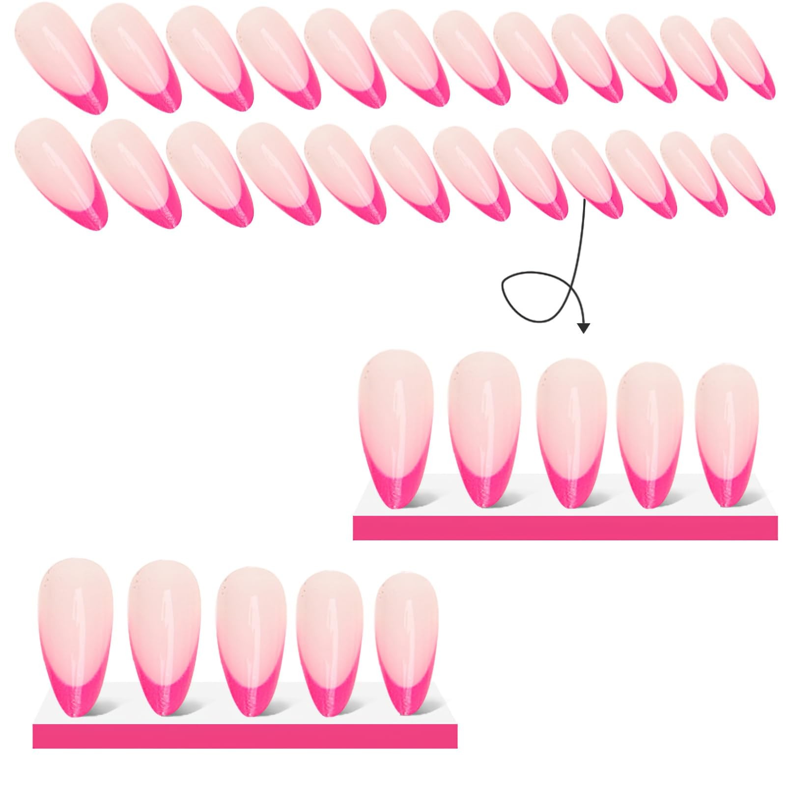 Hot Pink French Tip Press on Nails Short Almond Fake Nails Nude Pink Glossy A…