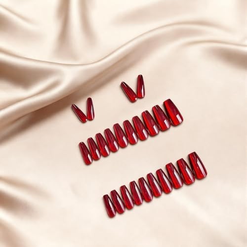 Cat Eye Press On Nails Long Square, Chrome Dark Red Fake Nails burgundy-cateye