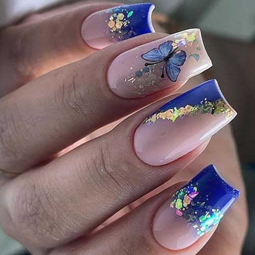 Press On Nails Medium Artificial Acrylic Gold Foil Blue Butterfly and Sequins