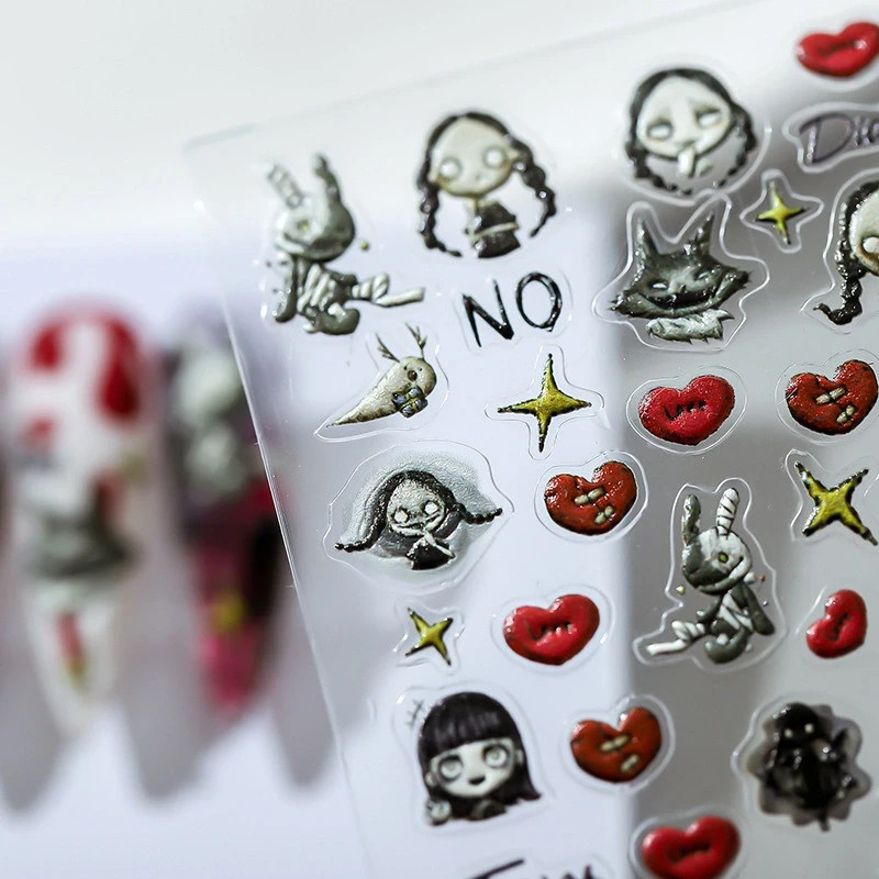 Gothic Halloween Nail Stickers – Horror Cartoon, Red Hearts & Gold Stars (363)