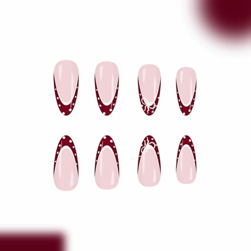 Press on Nails Medium Almond Fake Nails Burgundy Red Glue on French Tip BNY114
