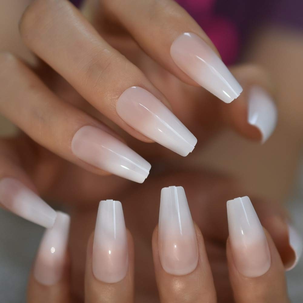 Reusable False Nails Ombre Pink White Gradient Coffin Shape for Easy Application