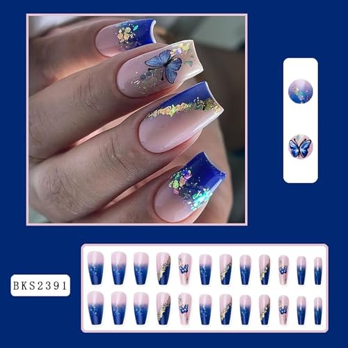 Press On Nails Medium Artificial Acrylic Gold Foil Blue Butterfly and Sequins