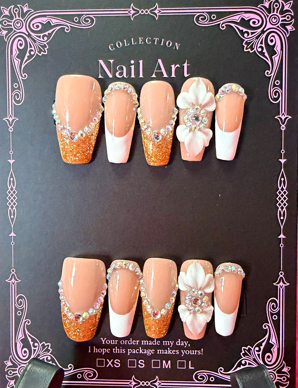 Nude/White/Gold Glitter 3D Flower French Tip Coffin Press-On Nails, Full Cover