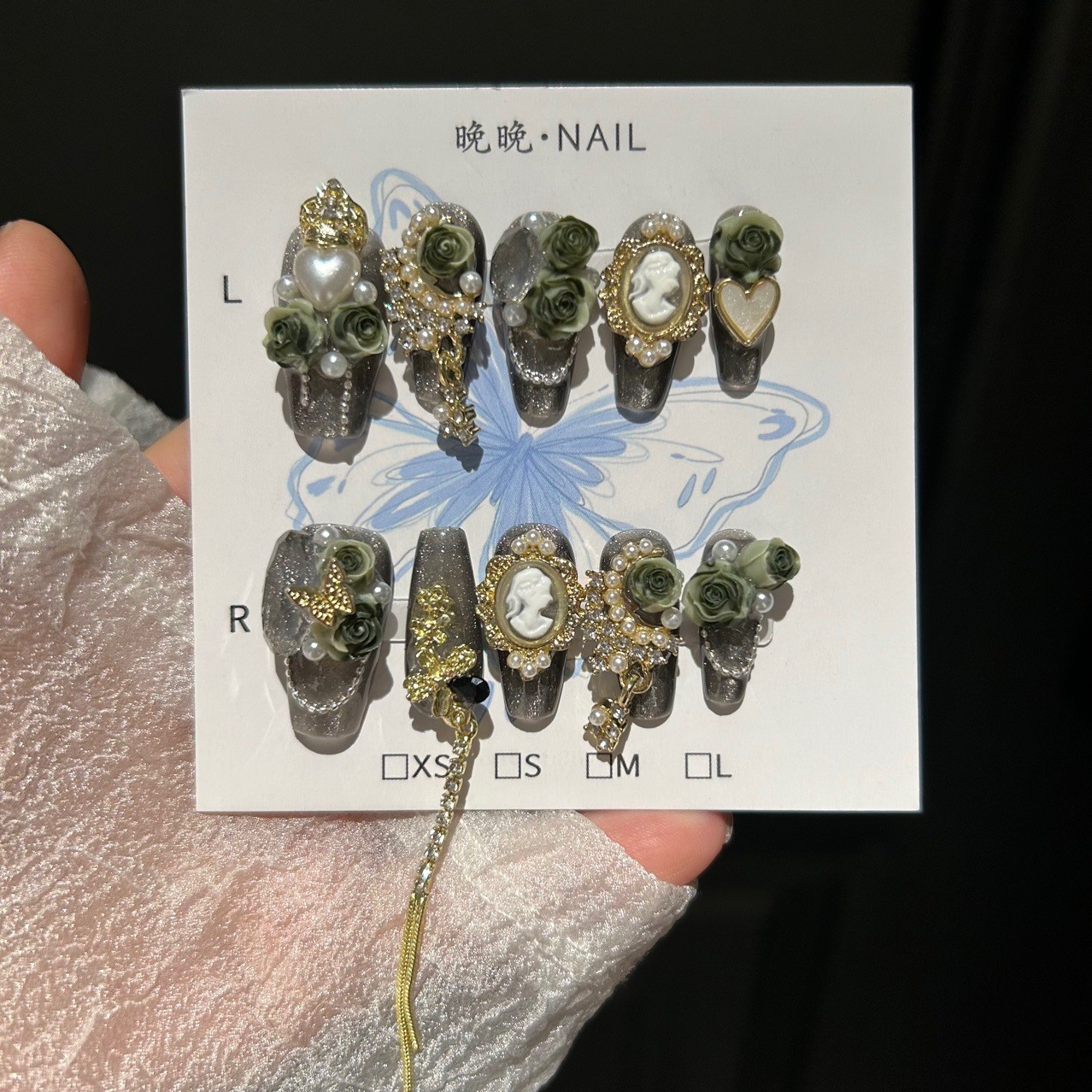 Dark Green Handmade Press On Nails Luxury Goth Style
