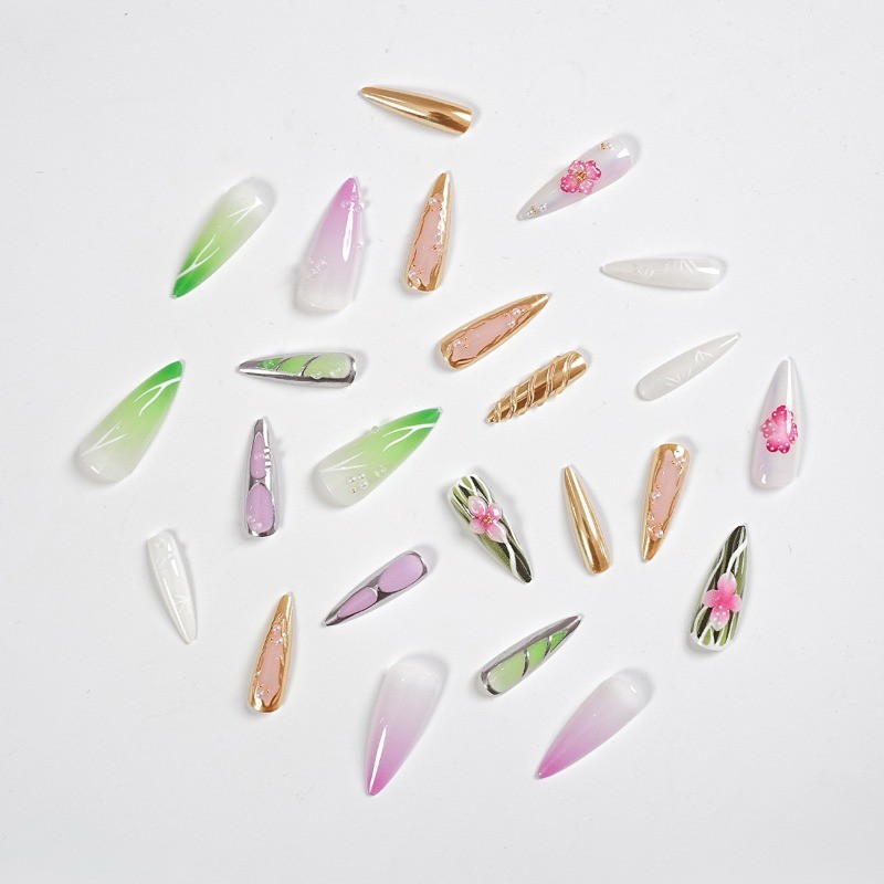 48Pcs-Long Almond Green Purple Gradient Gold Line Water Pearl Press on Nails Set