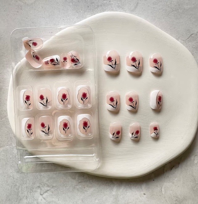 Press-On Nails Set, Pink Red White Black, Flower French, Short Square. Full Set