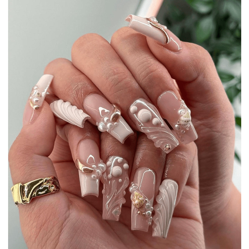 Nude White Shell Handmade Press on Nails Pearl Gold Wire Wave Gloss Fake Nails