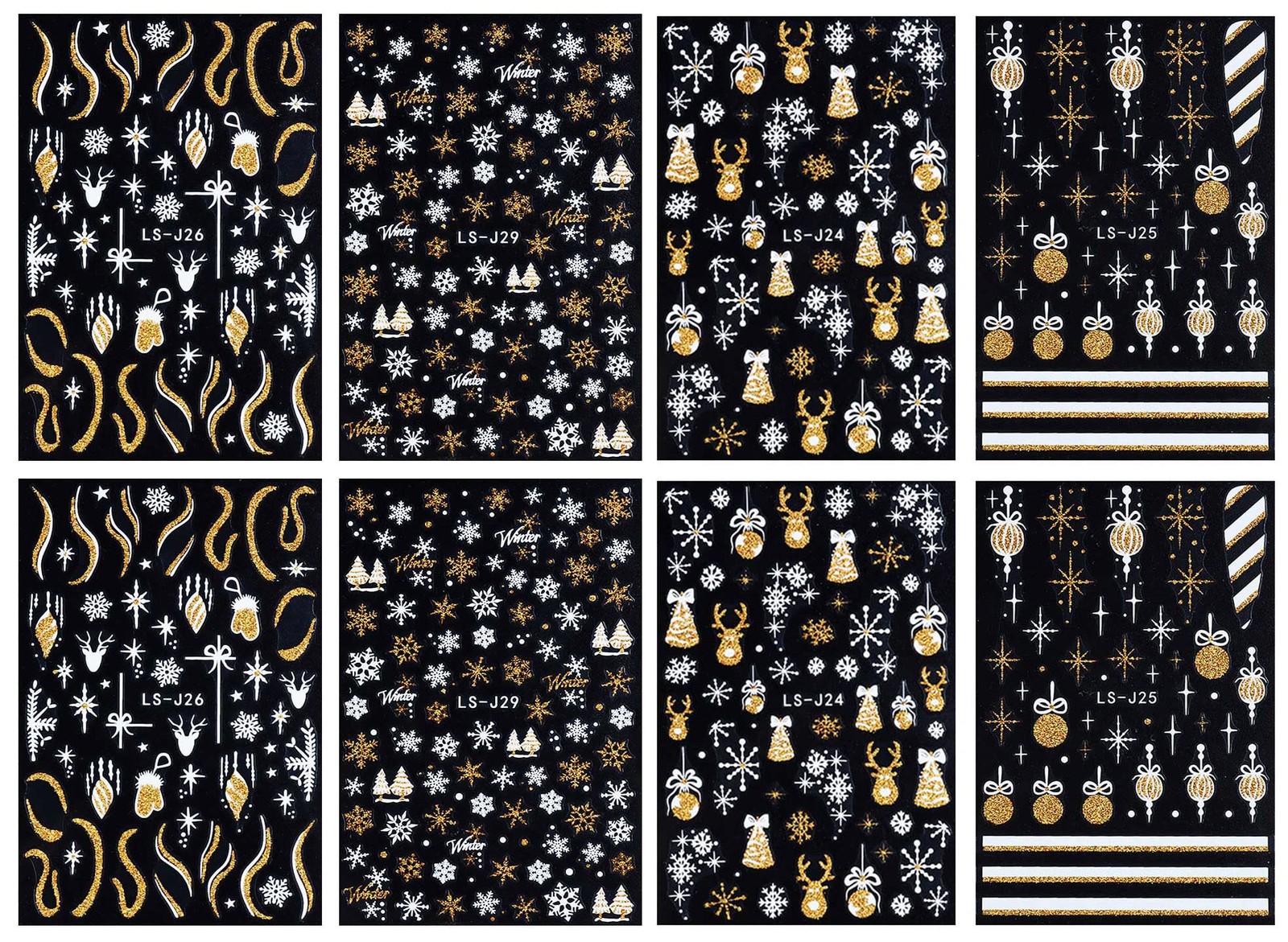 8 Sheets Glitter Christmas Nail Art Stickers Decals Gold & White