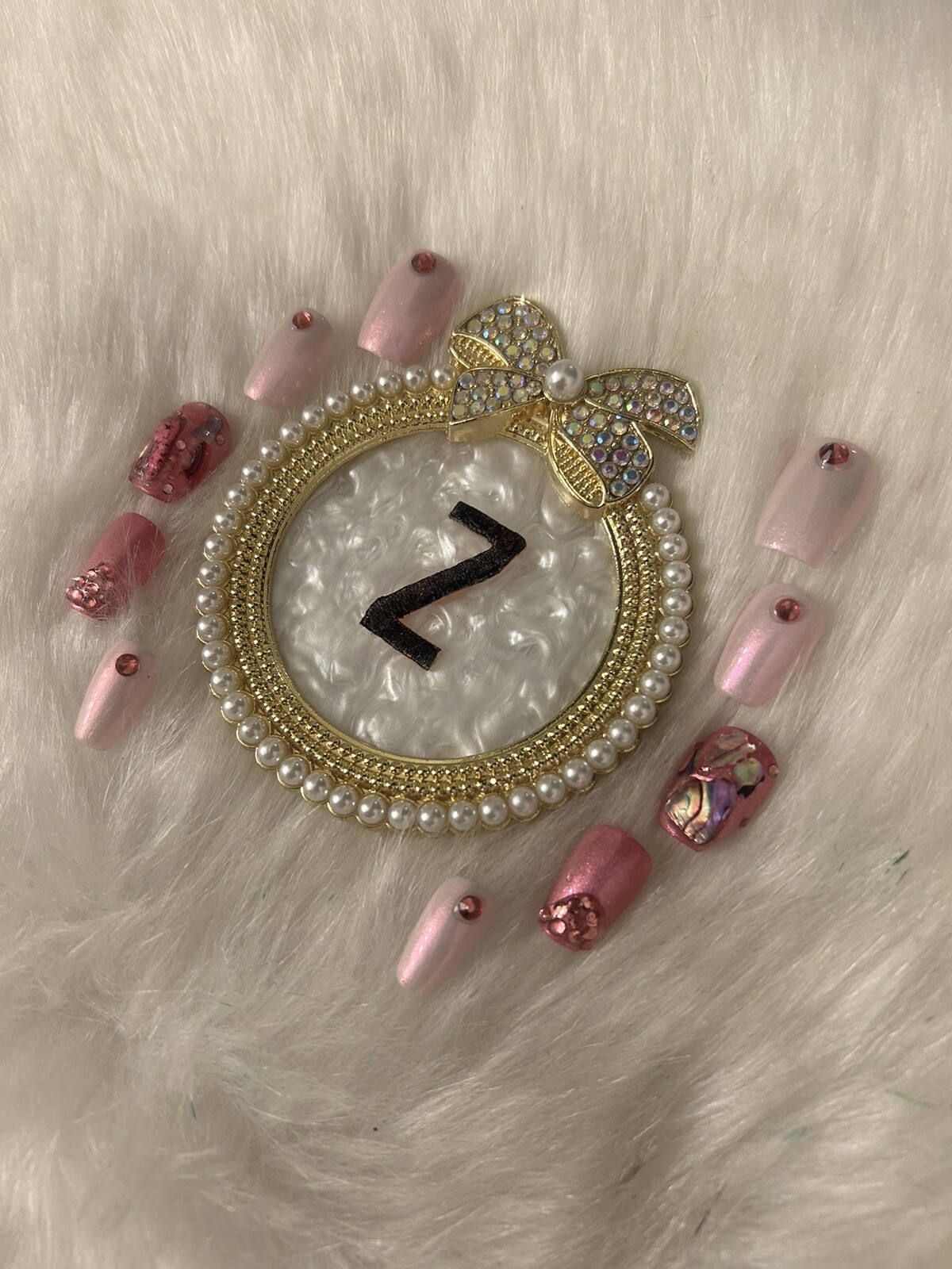 Z NAILZ!Handcrafted Set Of M Coffin Pink With Abalone Shell And Stones Press Ons
