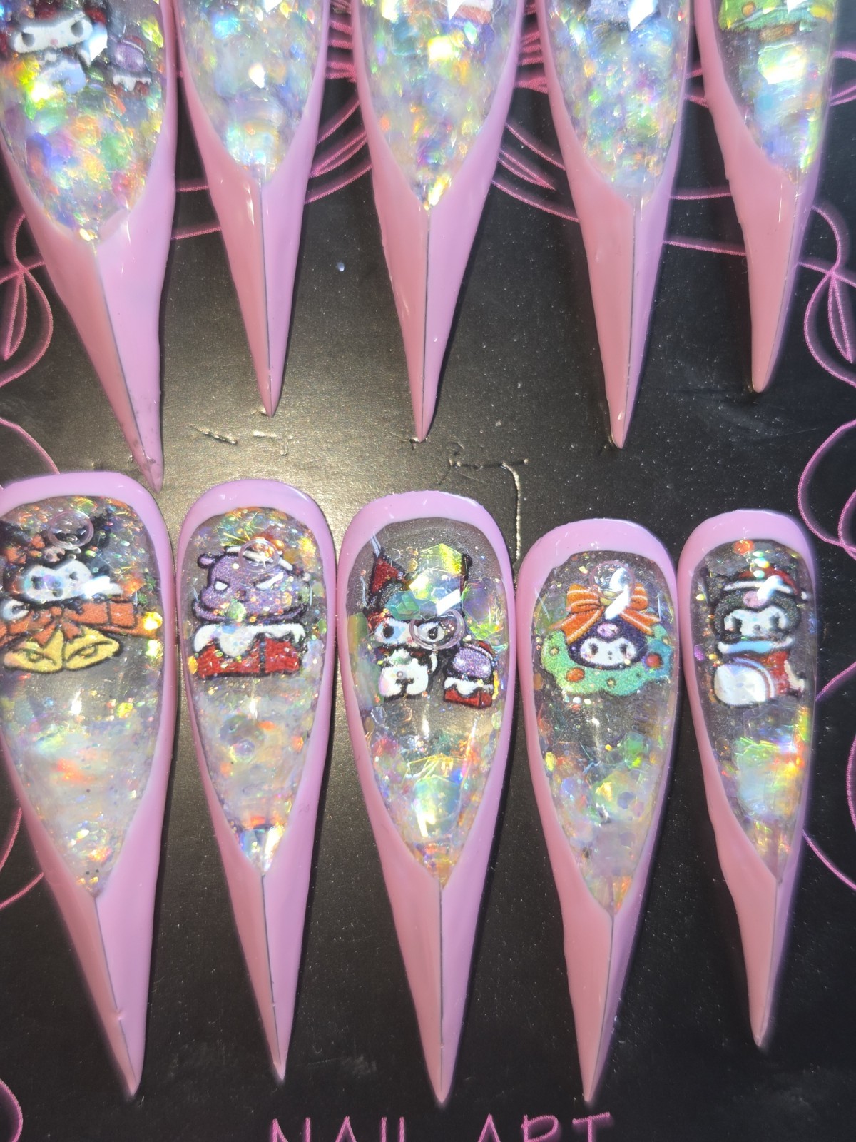 Press On Nails Handmade Medium Long Pink Dragon Claw Kuromi Anime Aqua Water