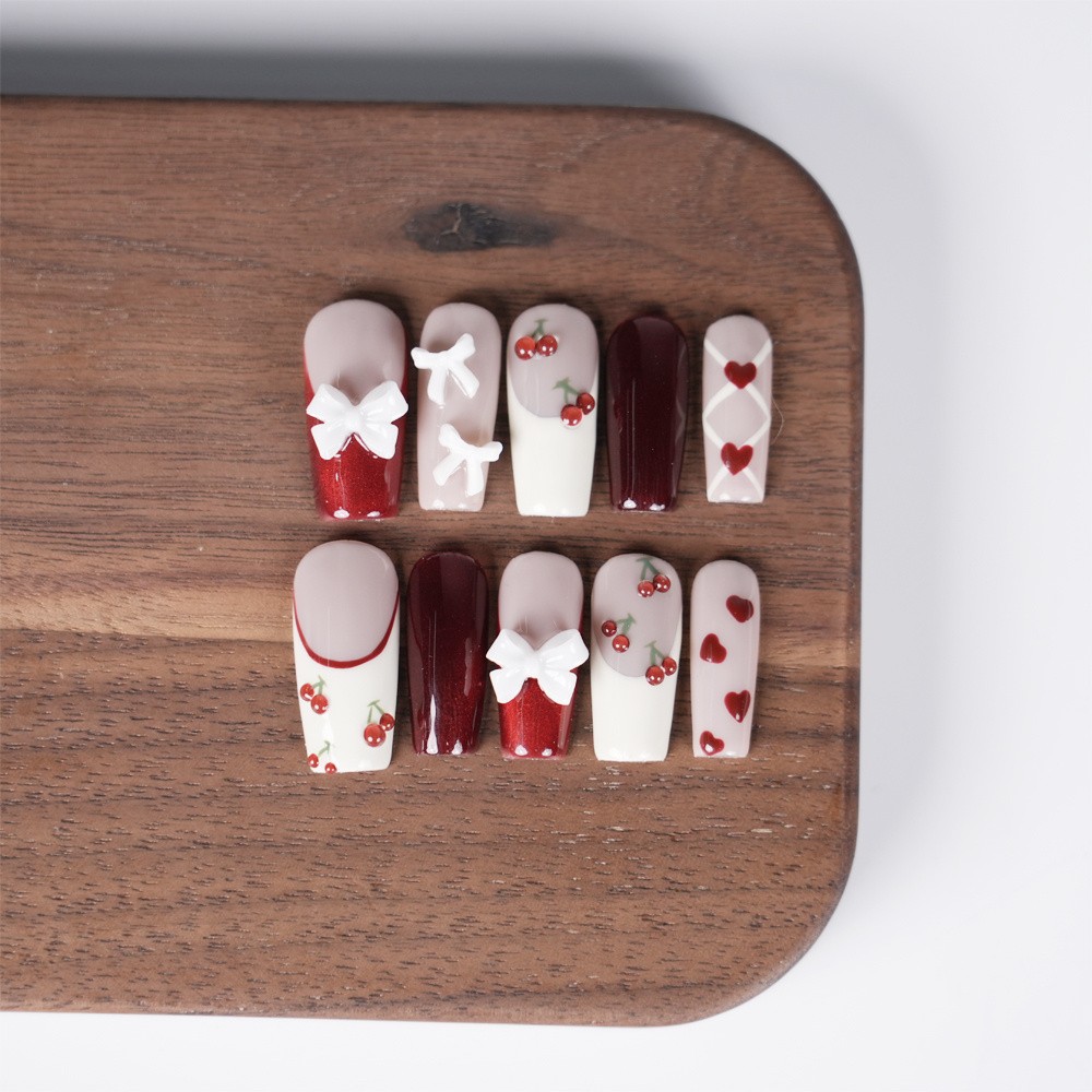 Handmade Red Cherry Press on Nails Bow Heart Vivid Glossy Fashion Fake Nails