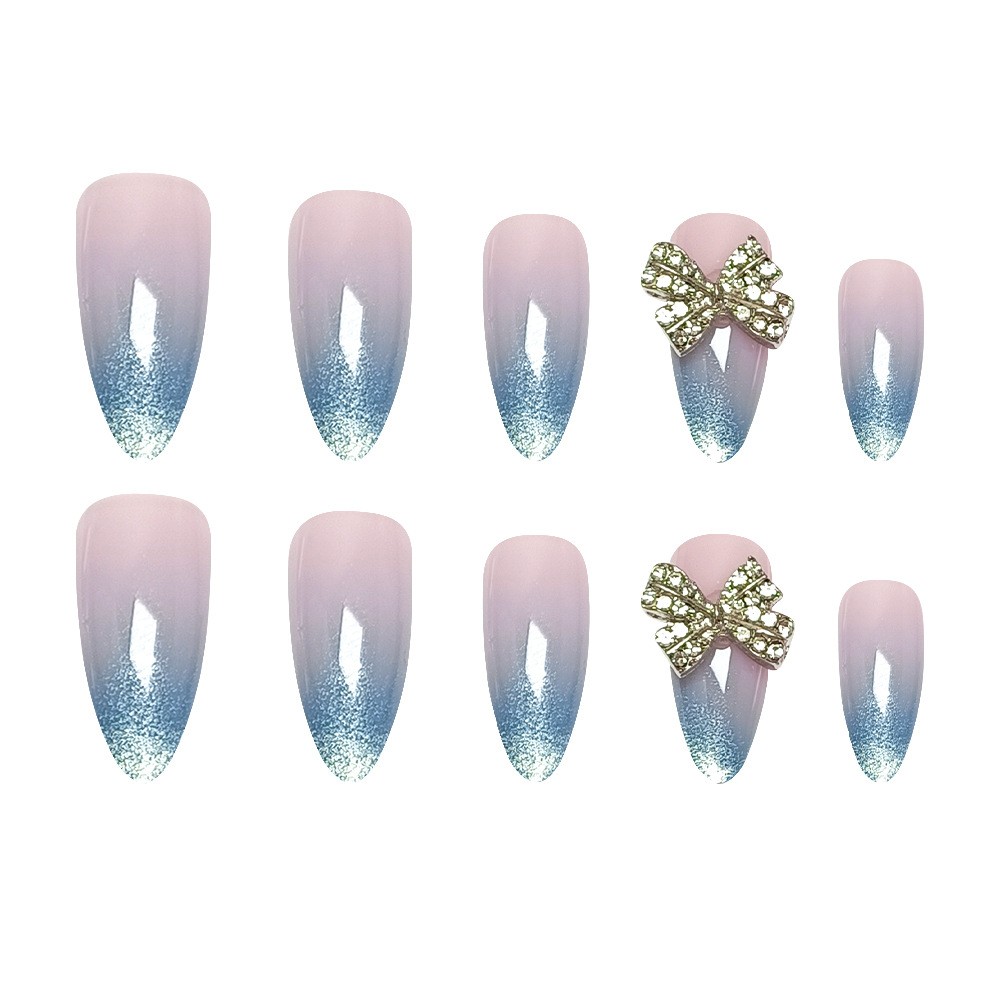48P Long Almond Press on Nails, Silver Blue Ombre Rhinestone Bow Fake Nails
