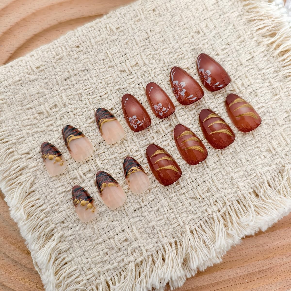 24Pcs Fall Press on Nails Short Almond Fake Nail