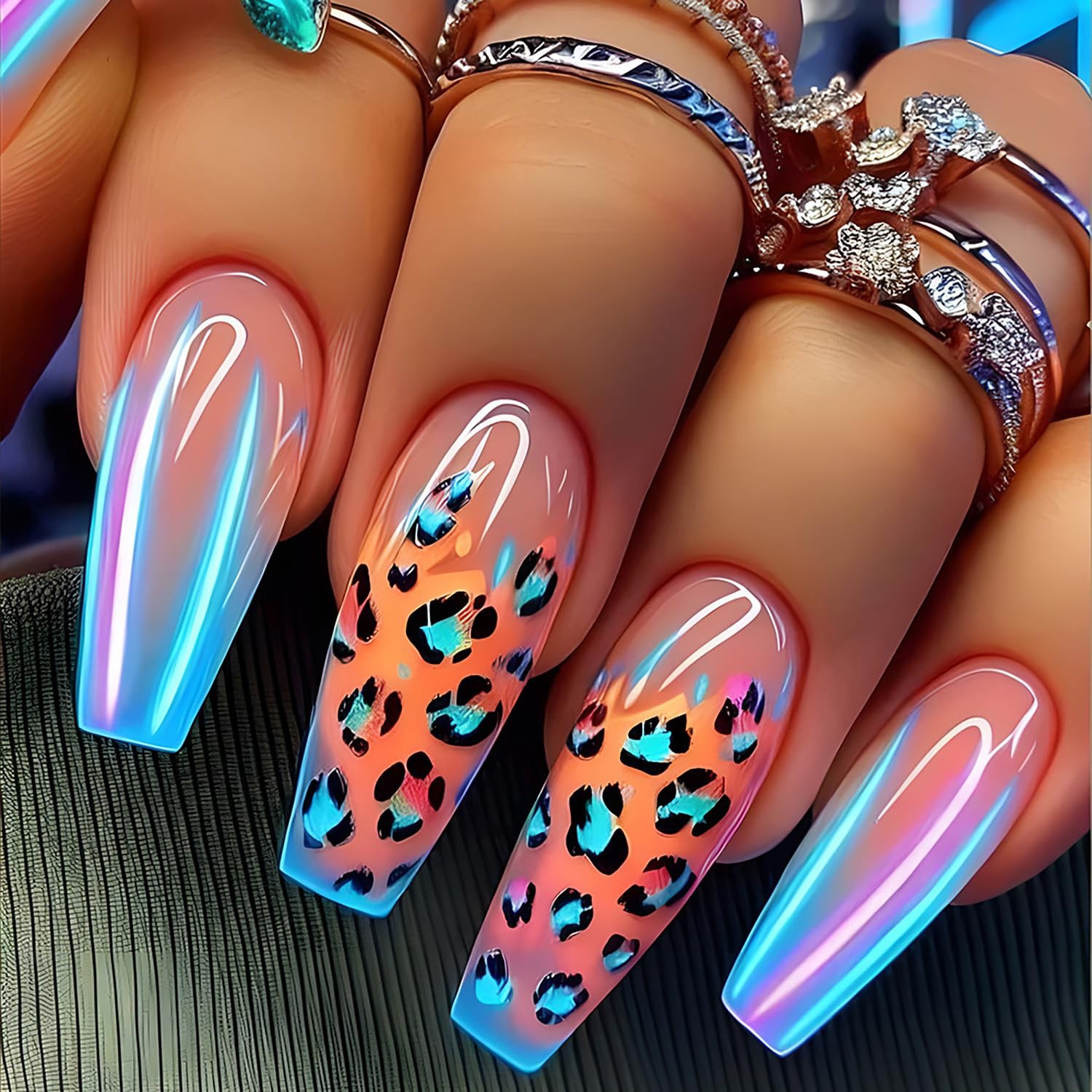 24Pcs Press on Nails with Designs Leopard Print Fake Nails Long Coffin Glue o…