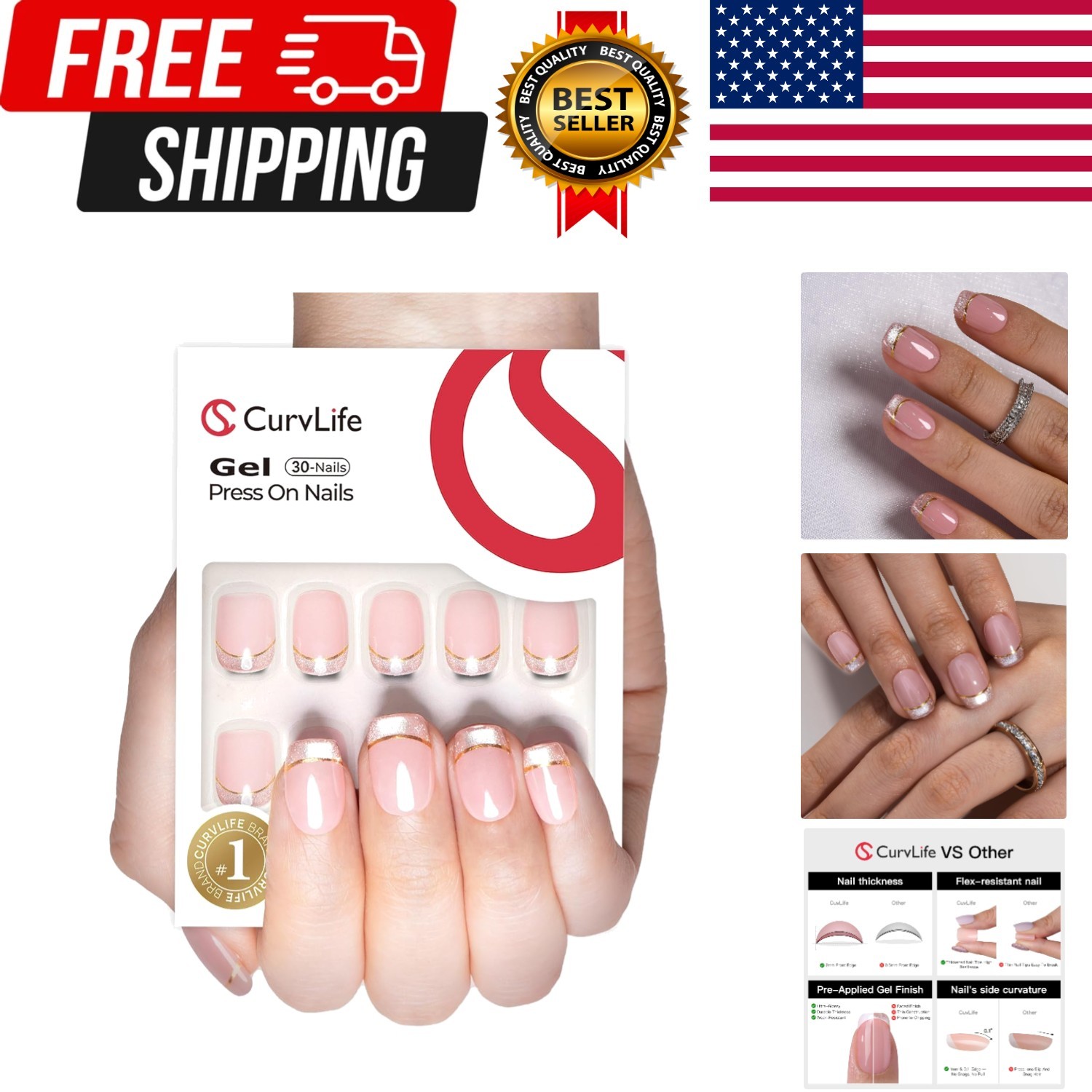 Soft Gel Press on Nails, Cat Eye French Nail Tips, Full Cover Glossy Design R…