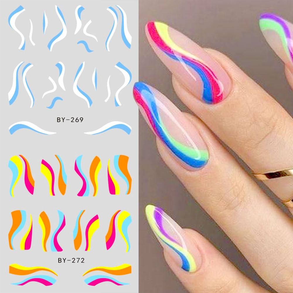Colorful Wave Lines Nail Art Stickers for Girls – Neon Ribbon Strips Water Tr…