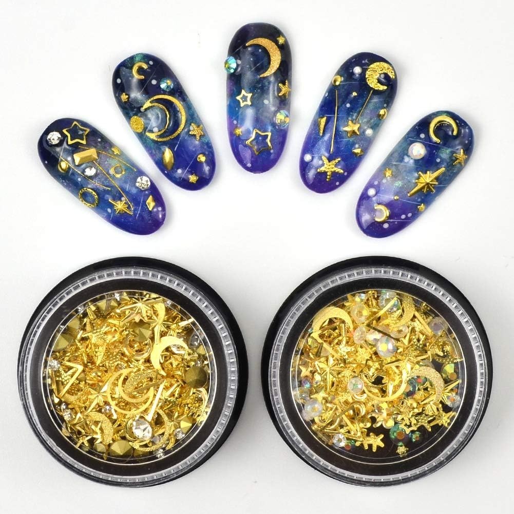 3D Gold Star & Moon Nail Charms – Sparkle Rhinestone Art for Valentine’s Day