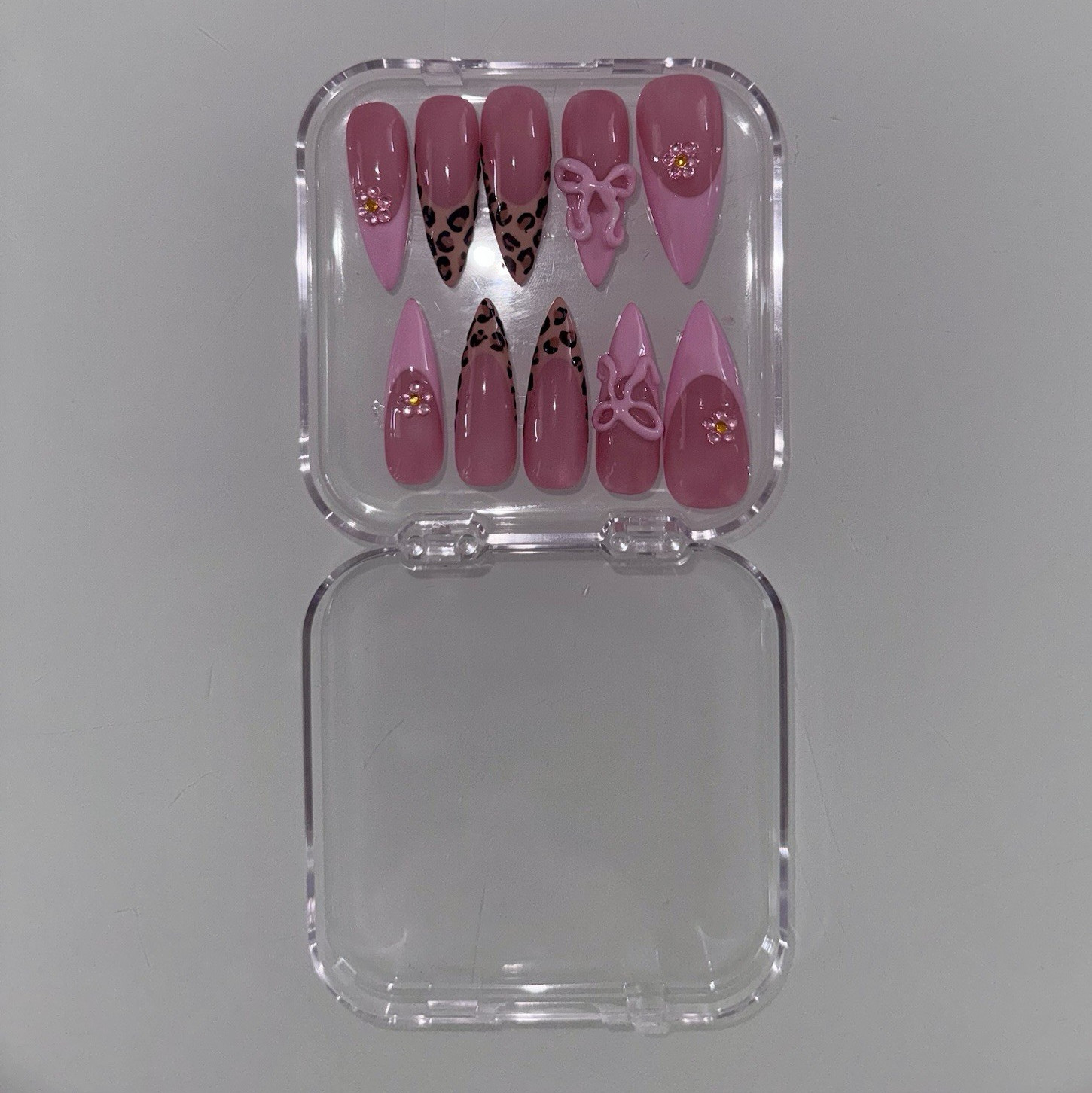 CUSTOM ✨Press-On Nails Long Stiletto 3D Shiny Leopard Theme pink size medium