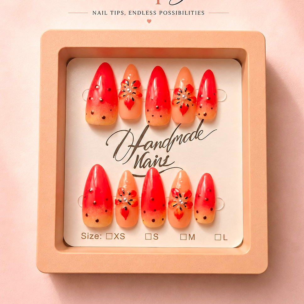 VelvetTip Studio Pink/Orange 3D Floral Almond Press-On Nails Handmade Size M