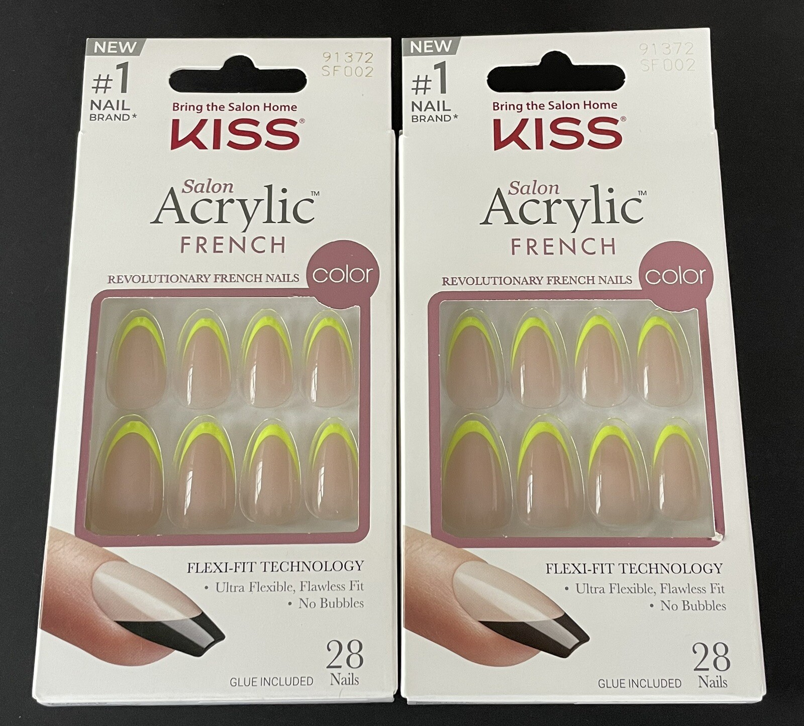2 Kiss Salon Acrylic Nude/Neon Yellow French Nails, Medium Coffin # 91372