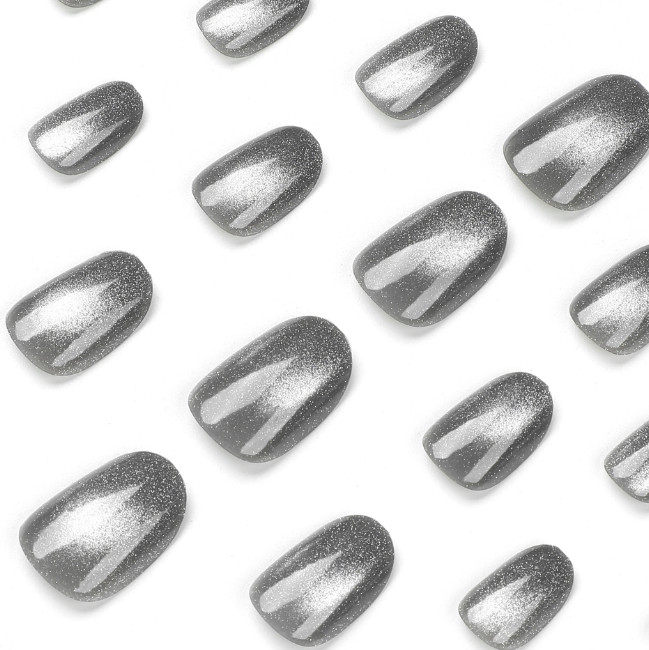 24pcs Simple Grey Cat Eye Press-On Nails, Short Round Shape