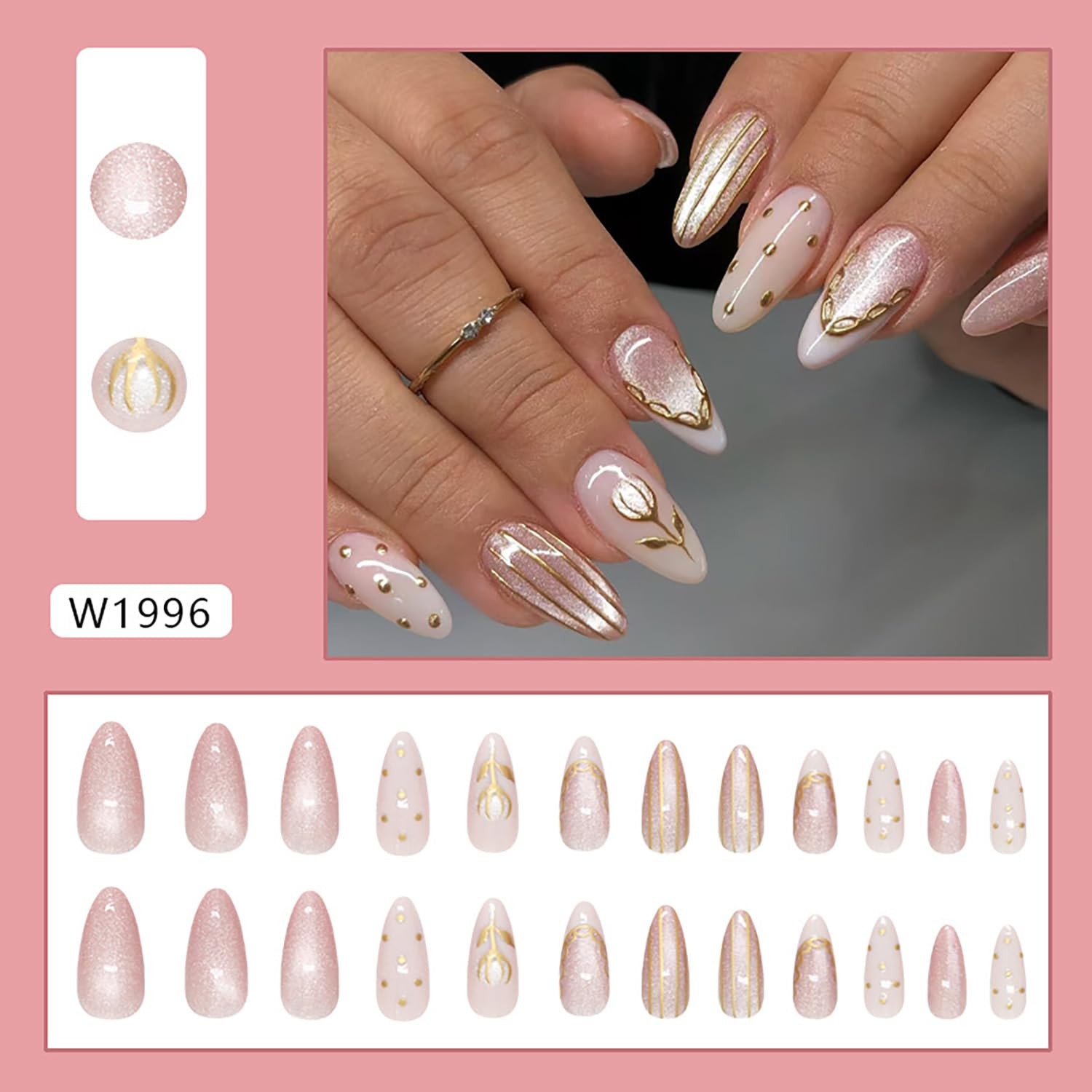 Press on Almond Nails Medium Length Glossy Full Cover Acrylic Almond Shaped F…