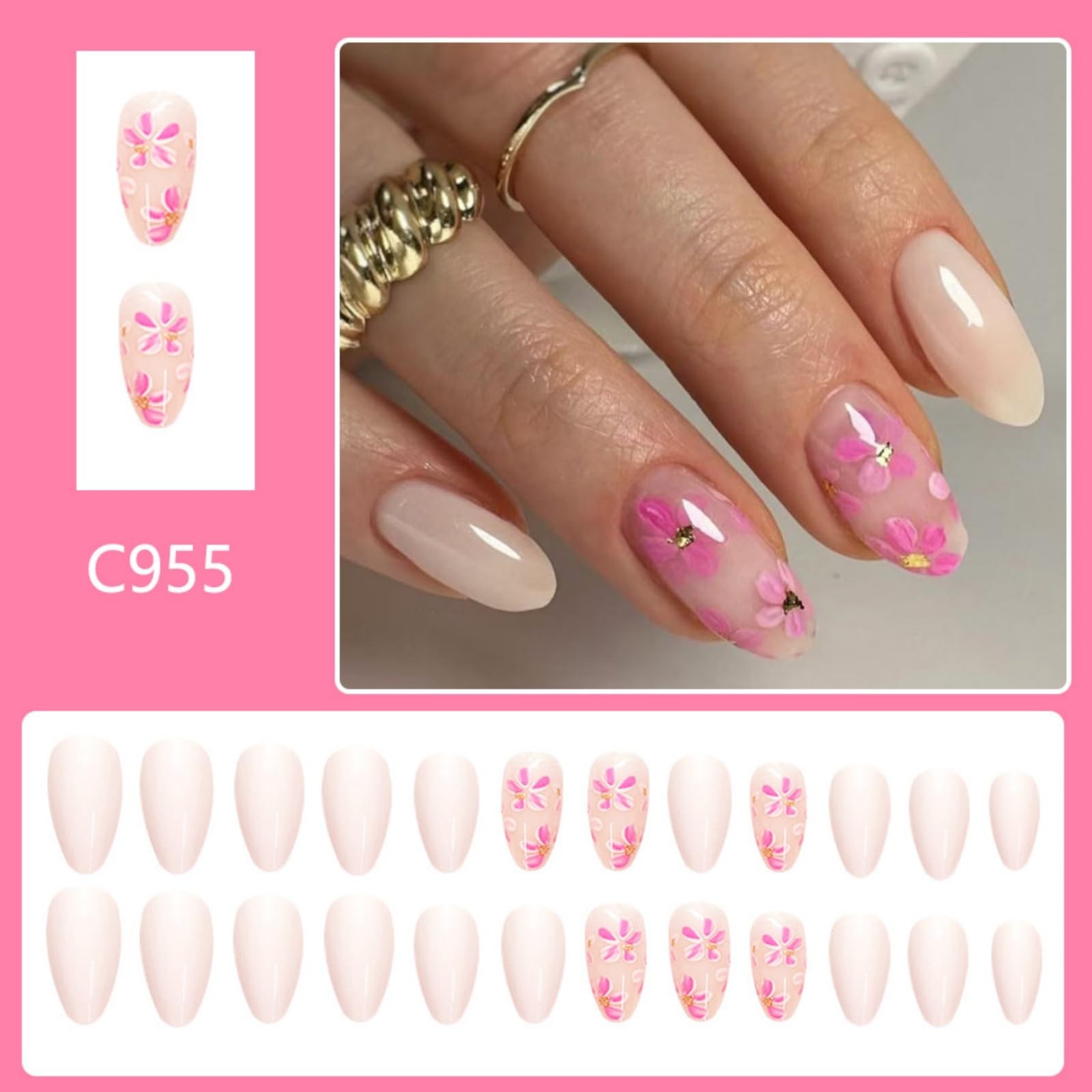 Flower Press on Nails Almond Short Fake Nails Florals False Nails Glossy Full…