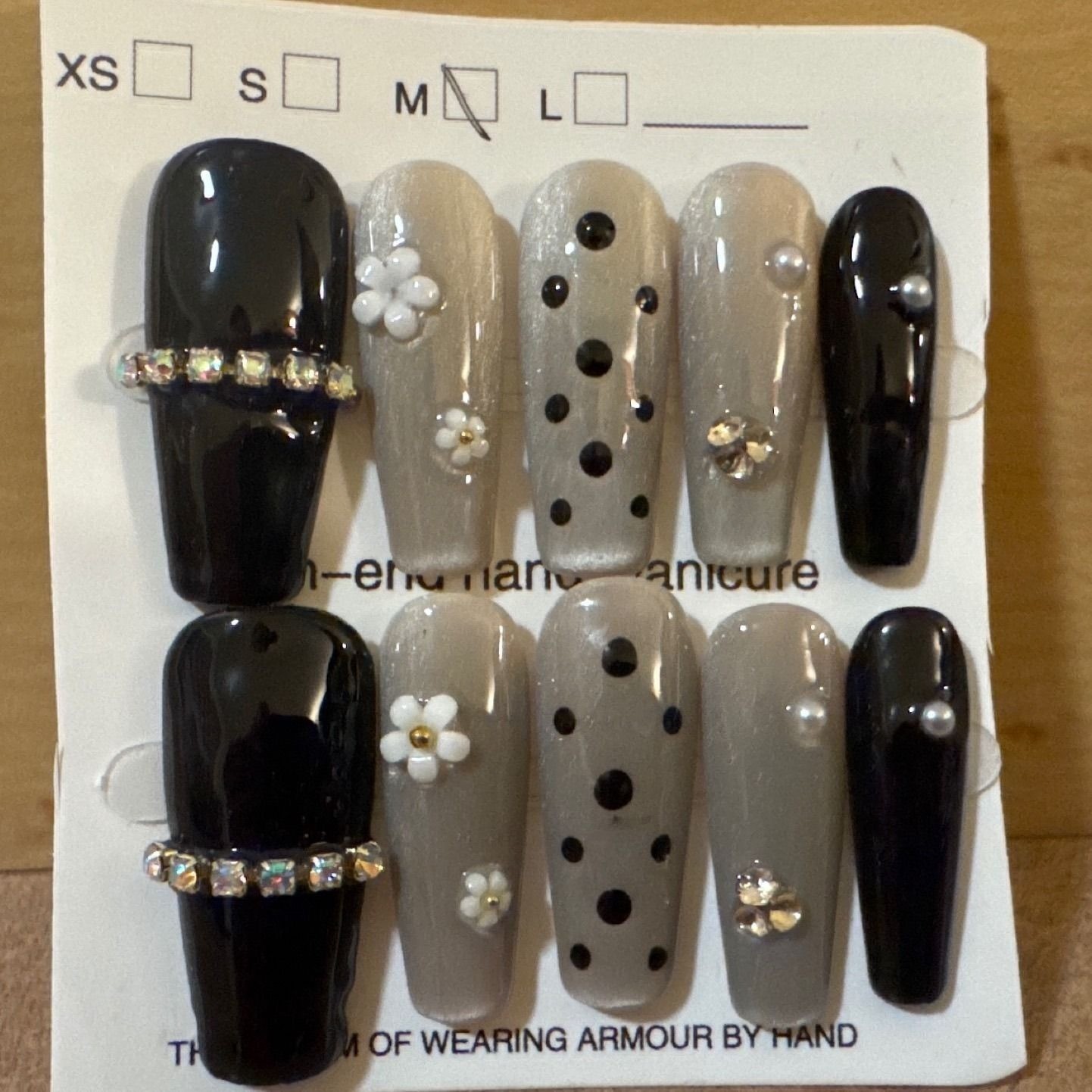 Black Grey Press On Nails Medium Coffin 3D Flower Polka Dot Rhinestone Pearl Set