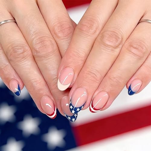 4th of July Press On Nails – Short Almond False Nails – NEWSPIED Design Style-14