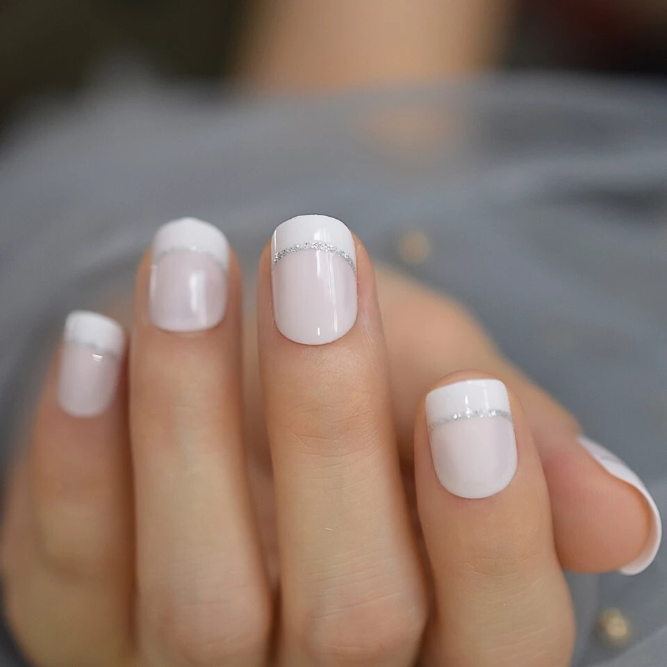 24 Short Silver glitter line French mani tip Press on nails set with glue white