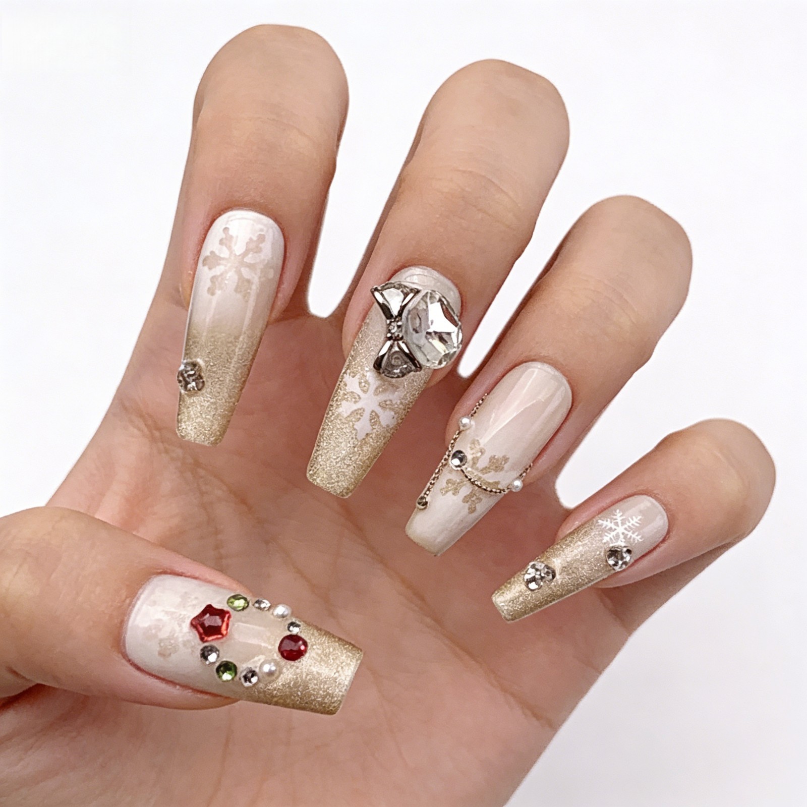 Gold Snowflake Press On Nails Long Coffin Rhinestone Christmas Nail Set